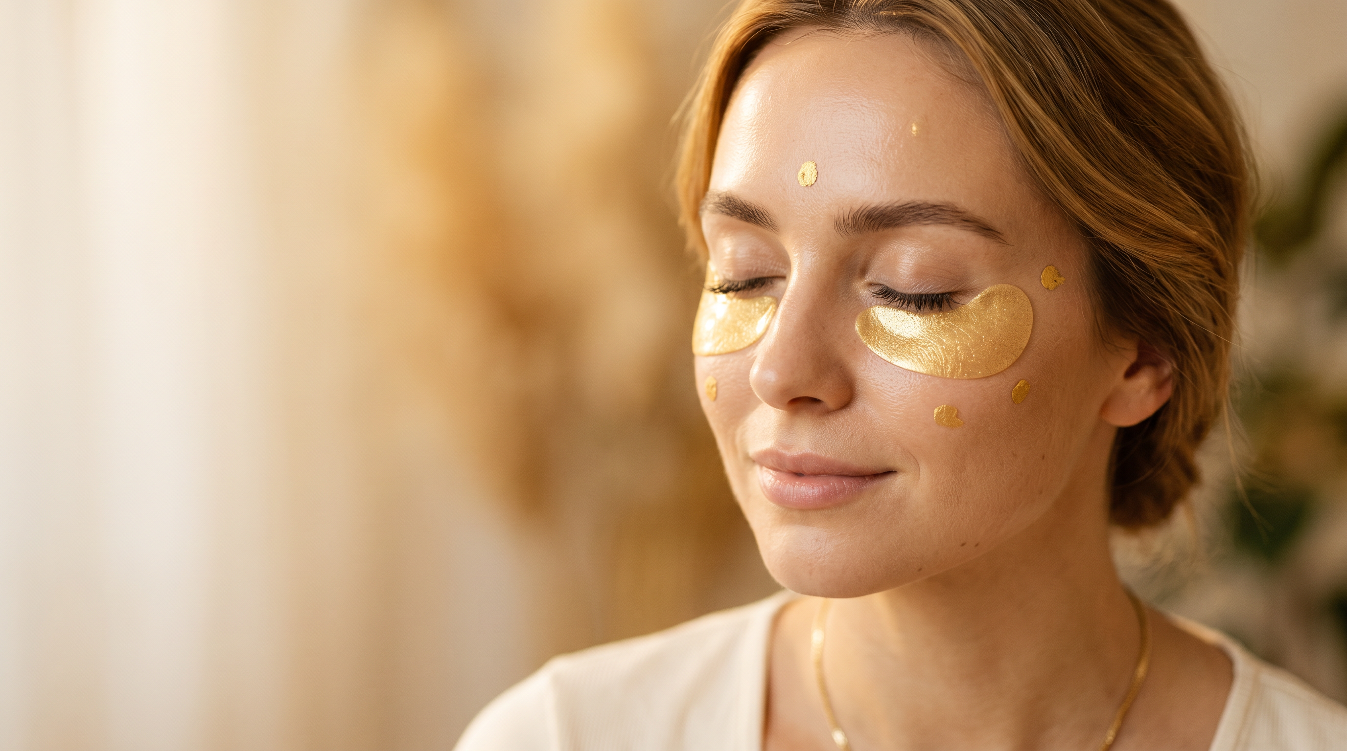 A person relaxing with golden under-eye patches